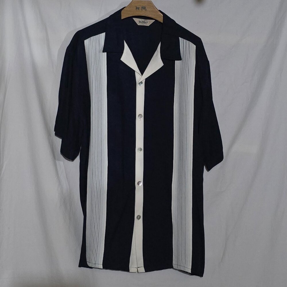 DaVinci California Made in USA SS BF Camp Shirt Navy White Blue Striped Sz XXL*